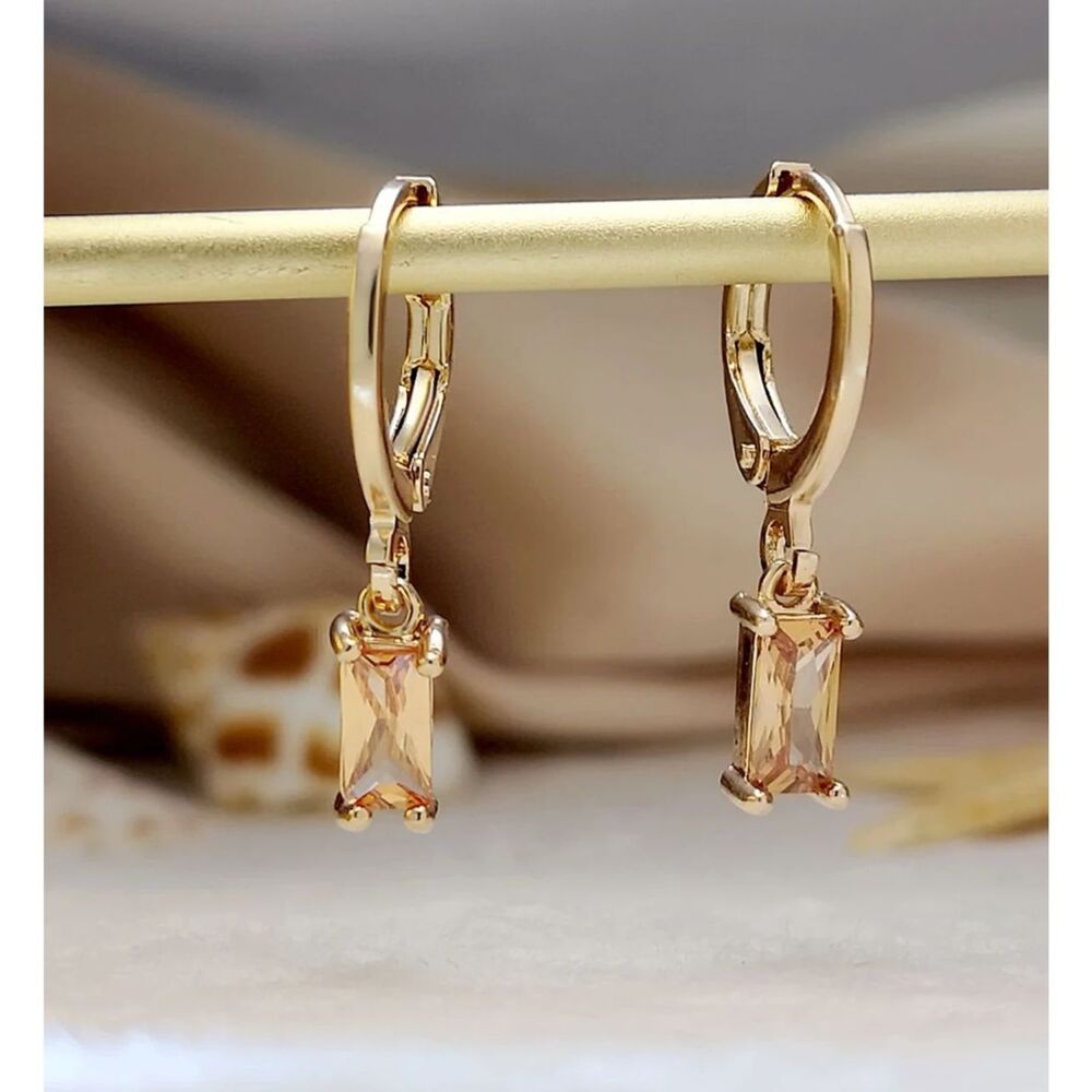 Rectangle Champagne Zirconia Crystal Drop Hoop Earrings Gold Dangle Gemstone